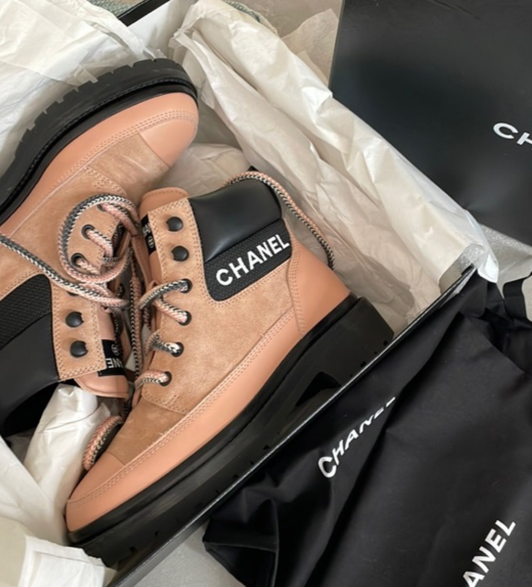 CHANEL Suede Calfskin Lace Up Boots 37 Pink Boho Luxe Atelier