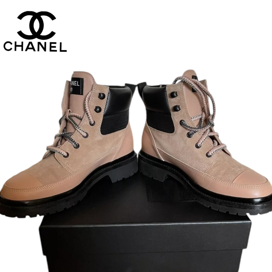 CHANEL 
Suede Calfskin Lace Up Boots 37 Pink