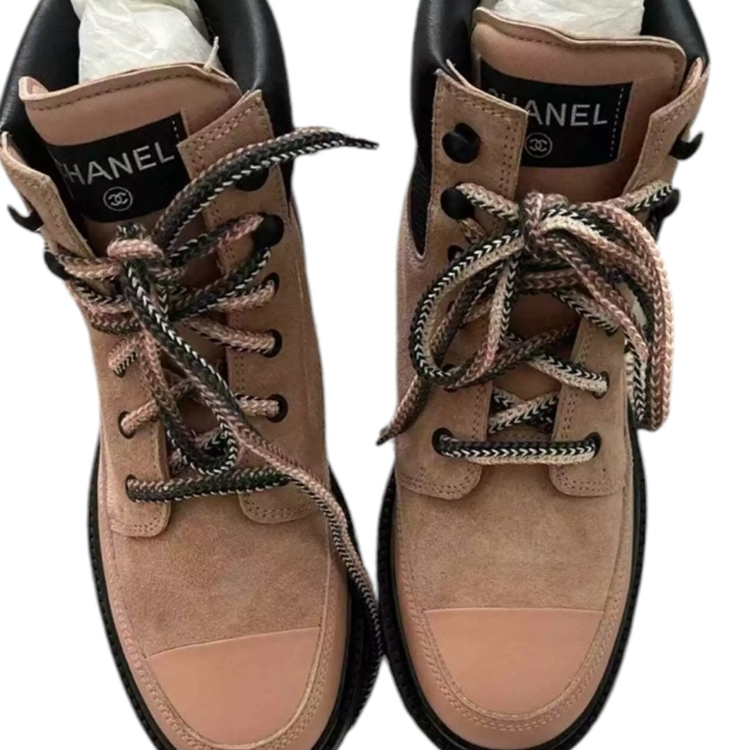 CHANEL 
Suede Calfskin Lace Up Boots 37 Pink