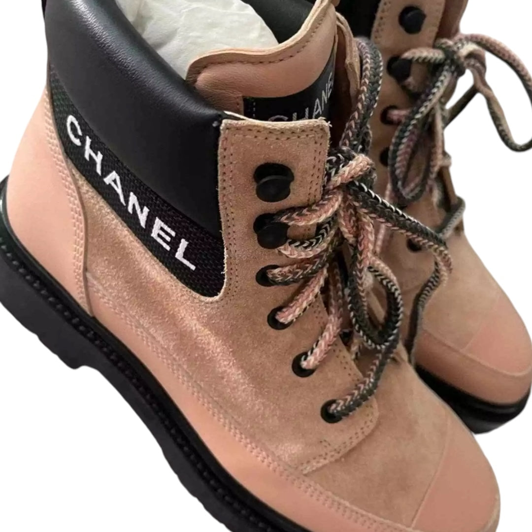 CHANEL 
Suede Calfskin Lace Up Boots 37 Pink