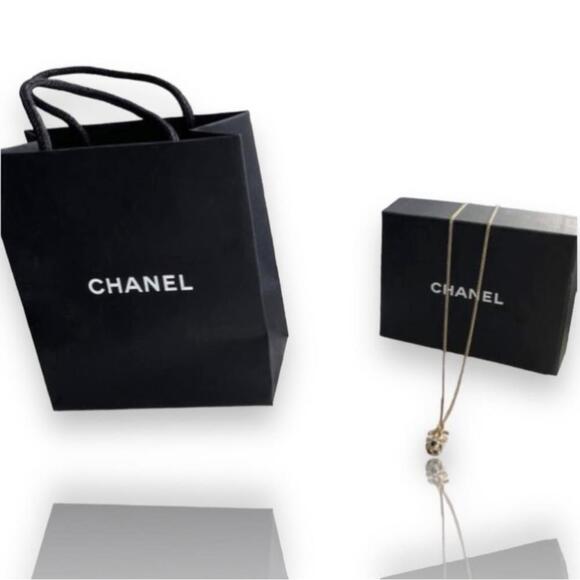 authentic Chanel CC Drop Pendant Necklace Metal with Crystals