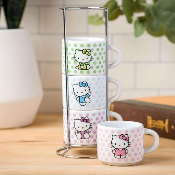 New Sanrio Hello Kitty Polka Dots 4pc Stackable Ceramic Espresso Small C…