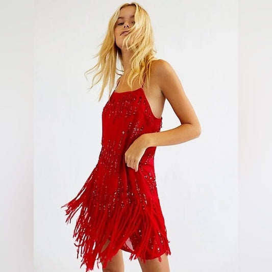 New Free People Crystal Clear Embellished Straight Neck Spaghetti Strap U-Back Fringe Shift Midi Dress