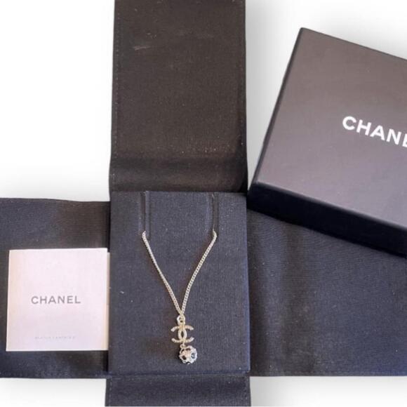 authentic Chanel CC Drop Pendant Necklace Metal with Crystals