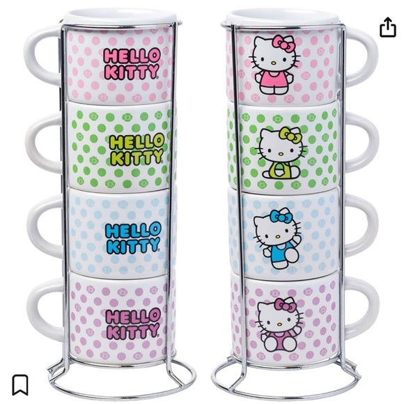 New Sanrio Hello Kitty Polka Dots 4pc Stackable Ceramic Espresso Small C…