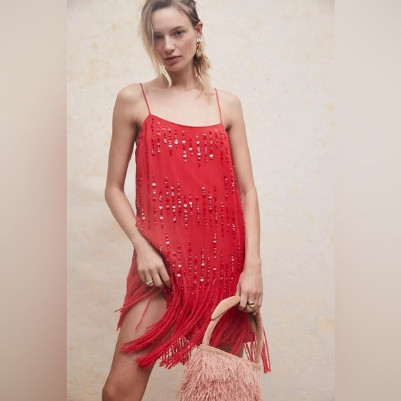 New Free People Crystal Clear Embellished Straight Neck Spaghetti Strap U-Back Fringe Shift Midi Dress