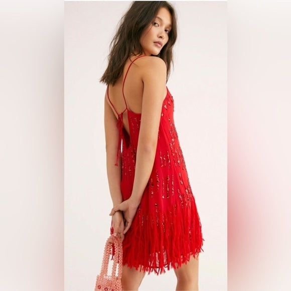 New Free People Crystal Clear Embellished Straight Neck Spaghetti Strap U-Back Fringe Shift Midi Dress