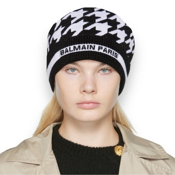 New Sold out Authentic BALMAINWool And Velvet Toque In Houndstooth