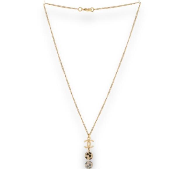 authentic Chanel CC Drop Pendant Necklace Metal with Crystals