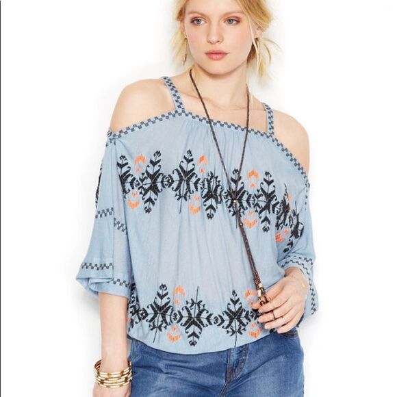 New Free People Off The Shoulder Embroidered Peasant Top