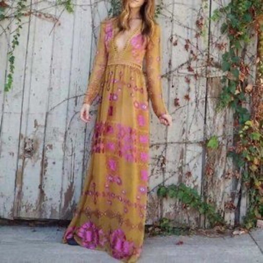 New For Love and Lemons Barcelona Maxi Dress Old Gold