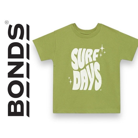 New Bonds Kids Short Sleeve Crew Tee - Surf Days Thyme Is Money Green -