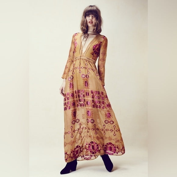 New For Love and Lemons Barcelona Maxi Dress Old Gold