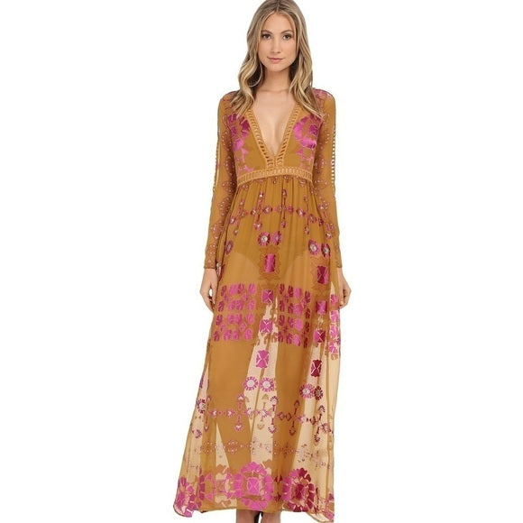 New For Love and Lemons Barcelona Maxi Dress Old Gold