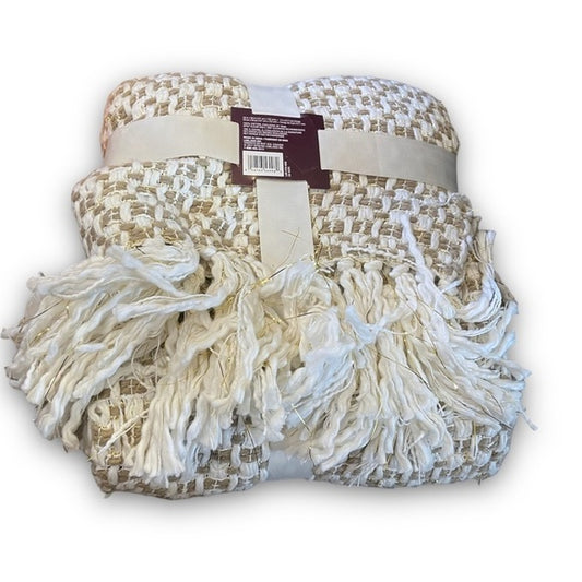 New Boho White with Gold Fringed Throw