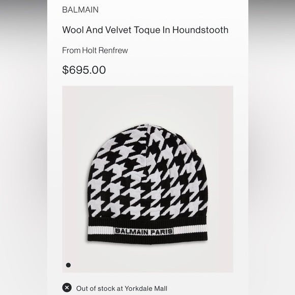 New Sold out Authentic BALMAINWool And Velvet Toque In Houndstooth