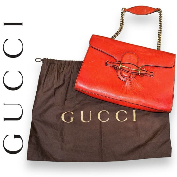 Sale !!Authentic GUCCI Coral Red Leather Medium Emily Shoulder Bag