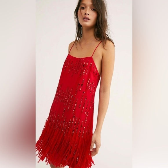 New Free People Crystal Clear Embellished Straight Neck Spaghetti Strap U-Back Fringe Shift Midi Dress